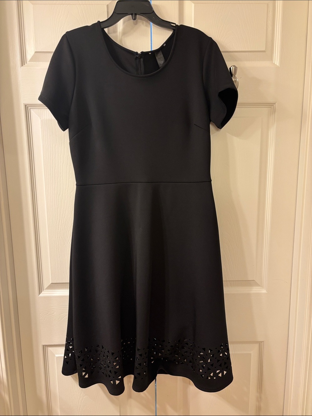 Black Short-Sleeve Fit & Flare Dress with Laser-Cut Hem